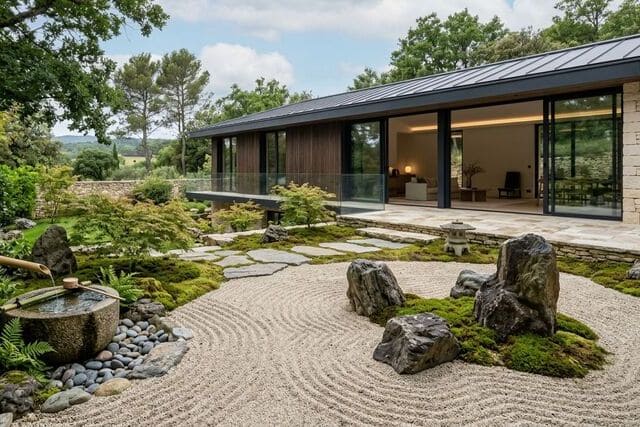Jardin zen devant une maison contemporaine