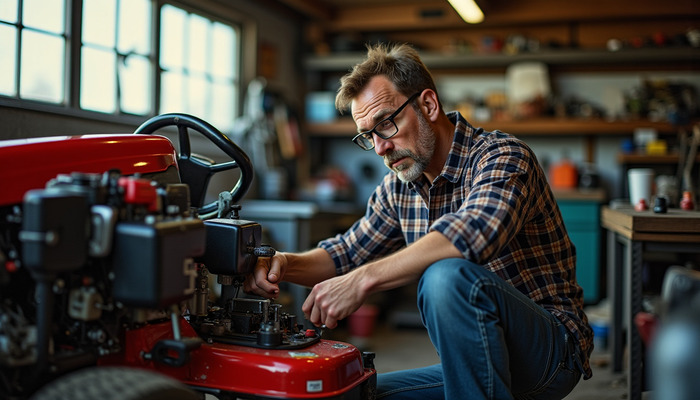 Particulier qui répare son tracteur tondeuse