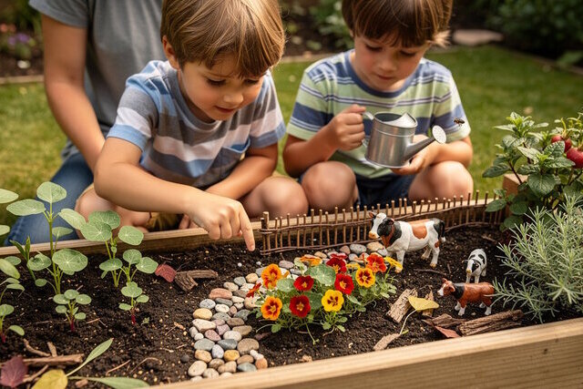Enfants qui jouent avec une ferme miniature