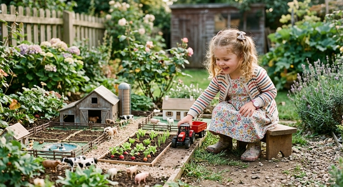 Petite fille jouant avec un tracteur miniature